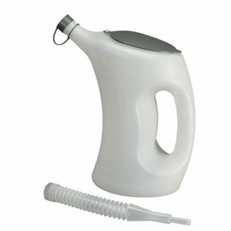 Messbecher mit 5l. Fassungsvermögen, mit flexiblem Einfüllschnorchel.