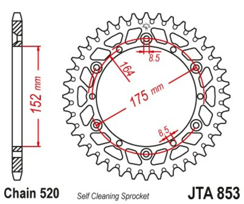 JT SPROCKETS Aluminium Ultraleichtes selbstreinigendes Kettenrad 853-520
