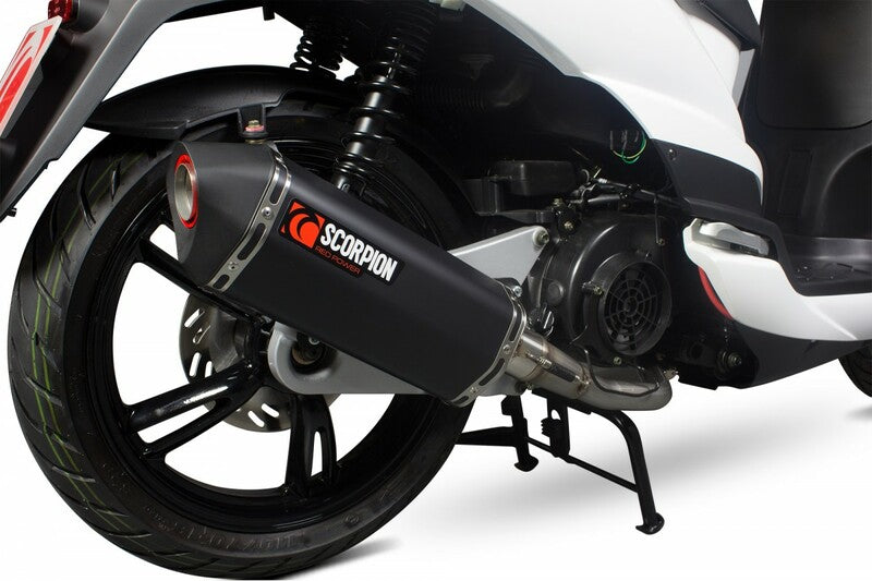 SCORPION Serket Stainless Steel Full Exhaust System Black Ceramic Muffler/Black ABS End Cap Peugeot Tweet 125