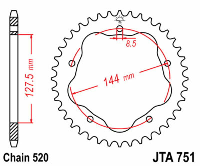 JT SPROCKETS Stahl-Standard-Kettenrad hinten 751 - 520 - ohne Trägerplatte, benötigt einen JT SPROCKETS-Kronenhalter