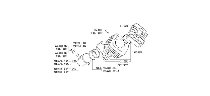 POLINI Zylindersatz CY50 Minarelli Malagutti F10 Pin 12mm