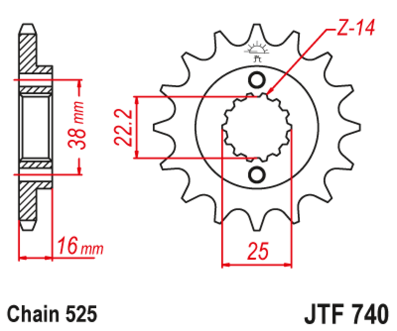 JT SPROCKETS geräuscharmes vorderes Stahlritzel 740 - 525