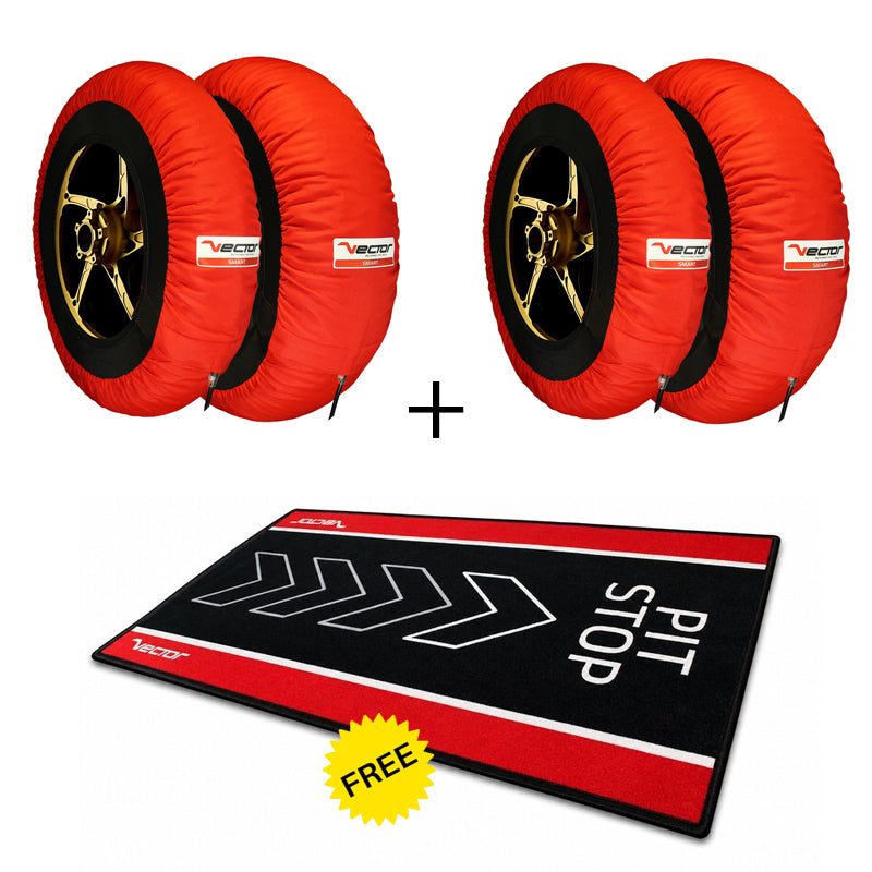 VECTOR Kit – 2 Sätze Smart-Reifenwärmer 120/190 (Rot) mit kostenloser Pit Stop Paddock-Matte