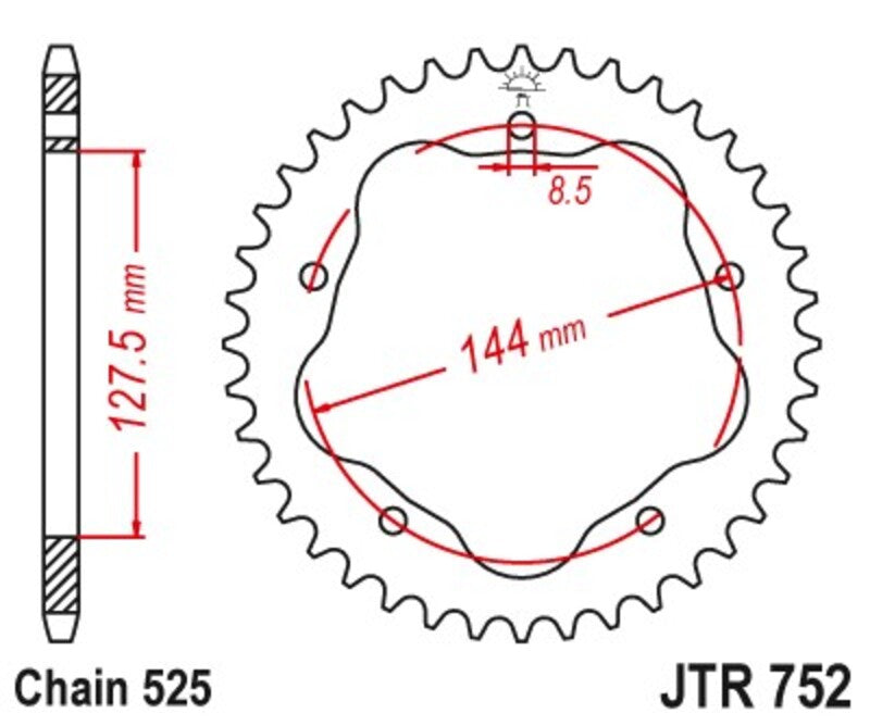 JT SPROCKETS Stahl-Standard-Kettenrad hinten 752 - 525 - ohne Trägerplatte, benötigt einen JT SPROCKETS-Kronenhalter