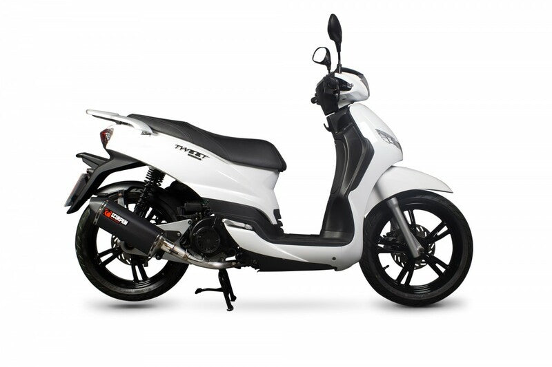 SCORPION Serket Stainless Steel Full Exhaust System Black Ceramic Muffler/Black ABS End Cap Peugeot Tweet 125