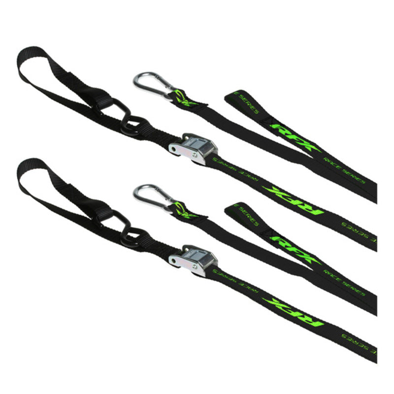 RFX Race 1.0 Zurrgurte (Schwarz/Hi-Viz LE) mit zusätzlicher Schlaufe und Karabinerclip