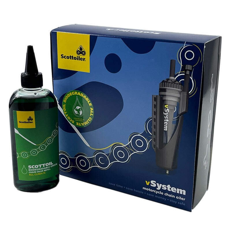 SCOTTOILER vSystem Kettenöler Universal Edition + Biologisch abbaubares grünes Schmiermittel
