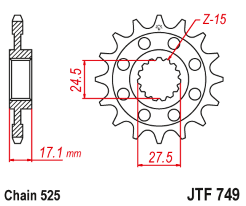 JT SPROCKETS geräuscharmes vorderes Stahlritzel 749 - 525