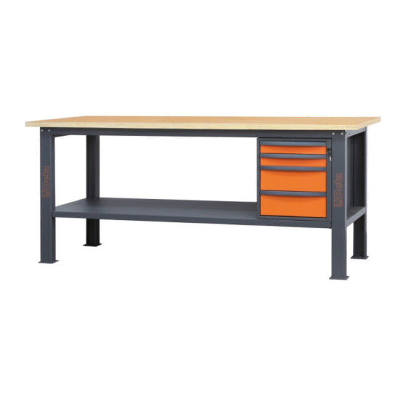 BETA Werkbank C58BC-W2,1 mit Holzplatte und 4 Schubladen, 2,1 m - Orange