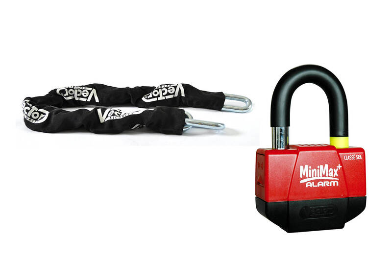 VECTOR Diebstahlschutz-Set mit Kette 1.10m + MiniMax+ Alarm Diebstahlschutz/Scheibe Schloss