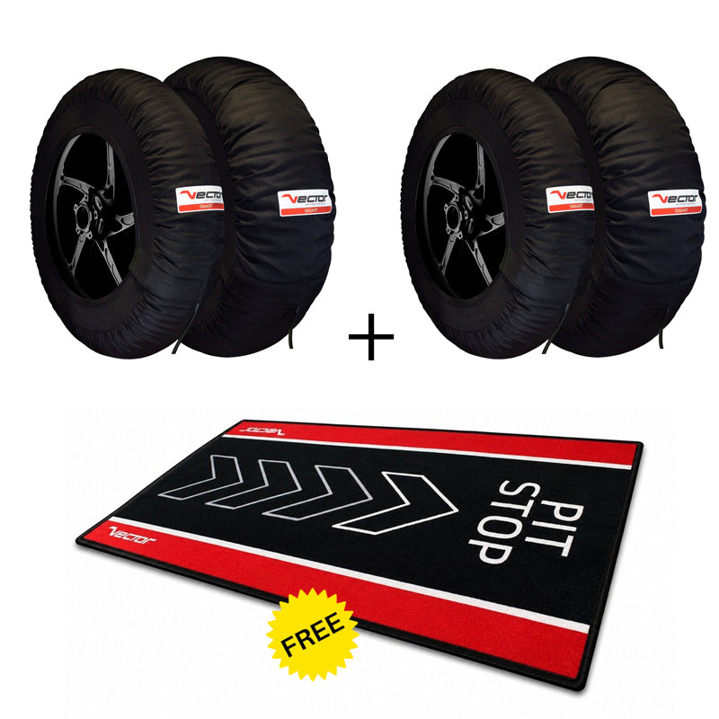 VECTOR Kit – 2 Sätze Smart-Reifenwärmer 120/190 (Schwarz) mit kostenloser Pit Stop Paddock-Matte